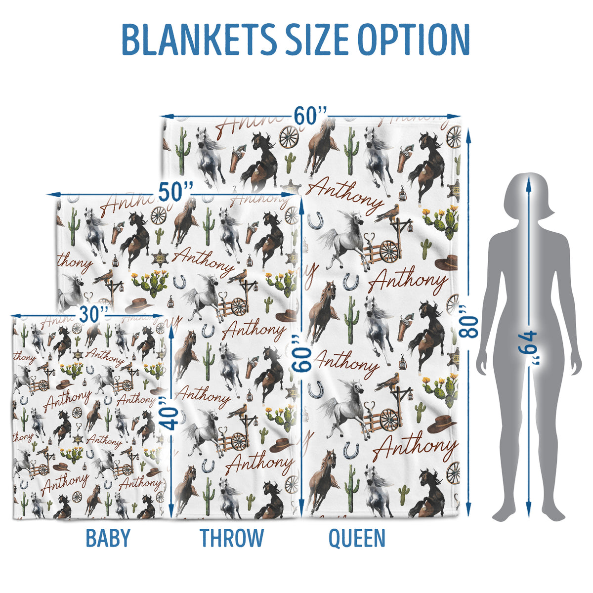 Personalized Cactus & Horse Blankets for Boys Girls, Custom Name Fleece Blanket for Infant Newborn Son Daughter