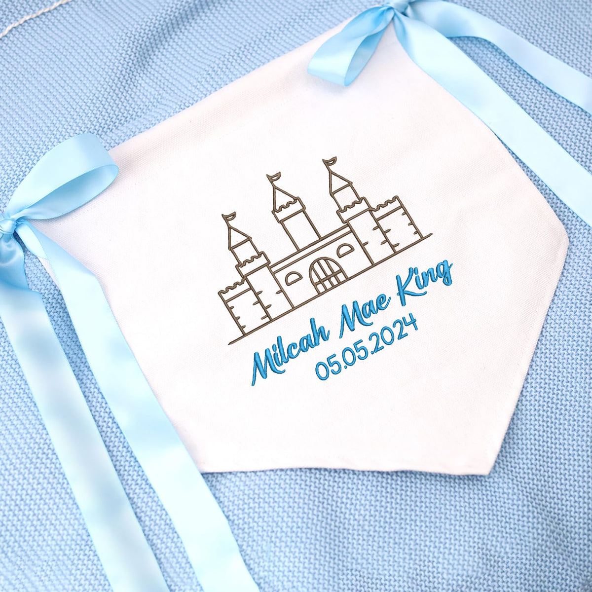 Personalized Castle Embroidered Baby Banner, Baby Canvas Hanging Pennant Flag, Newborn Baby Banner with Bows Ribbon, Gift For Baby