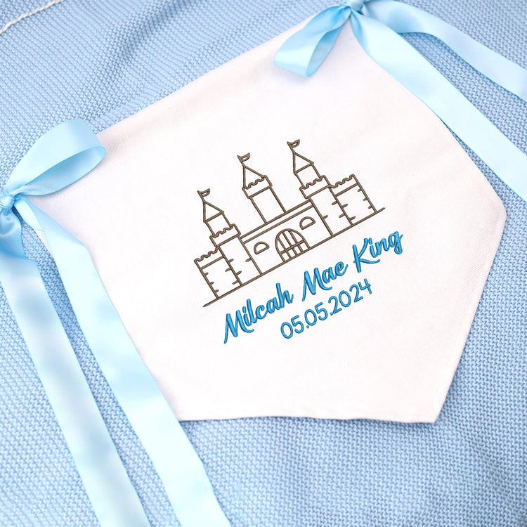Personalized Castle Embroidered Baby Banner, Baby Canvas Hanging Pennant Flag, Newborn Baby Banner with Bows Ribbon, Gift For Baby