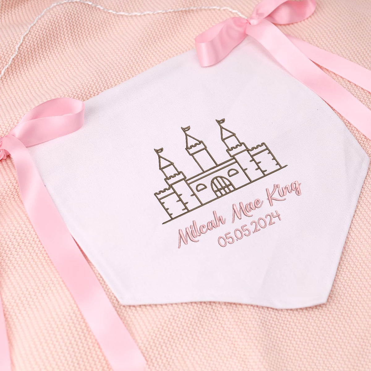 Personalized Castle Embroidered Baby Banner, Baby Canvas Hanging Pennant Flag, Newborn Baby Banner with Bows Ribbon, Gift For Baby