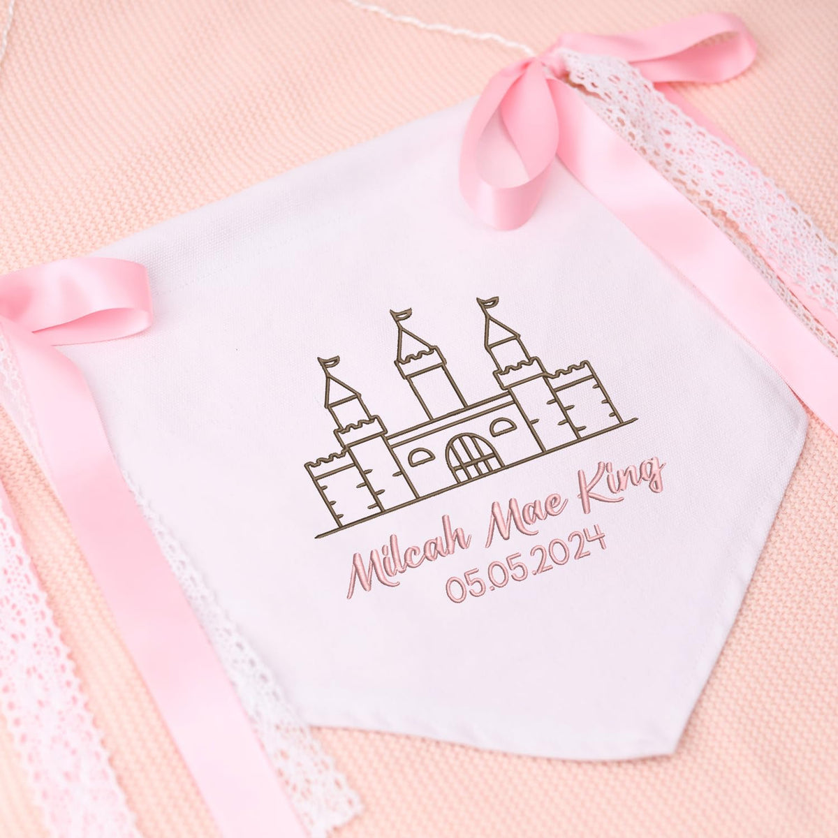 Personalized Castle Embroidered Baby Banner, Baby Canvas Hanging Pennant Flag, Newborn Baby Banner with Bows Ribbon, Gift For Baby