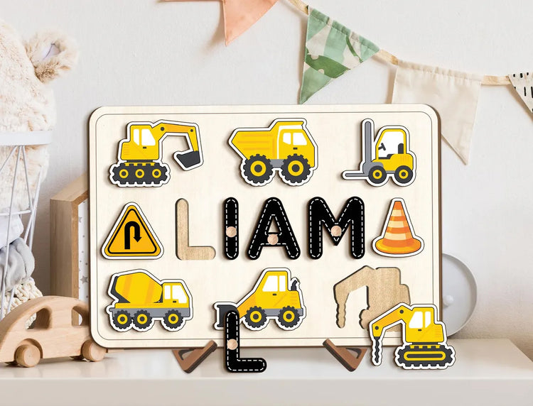 Personalized Construction Wooden Name Puzzle, Dump Truck, Backhoe, Digger Construction Set, Birthday Gifts for Baby Boy