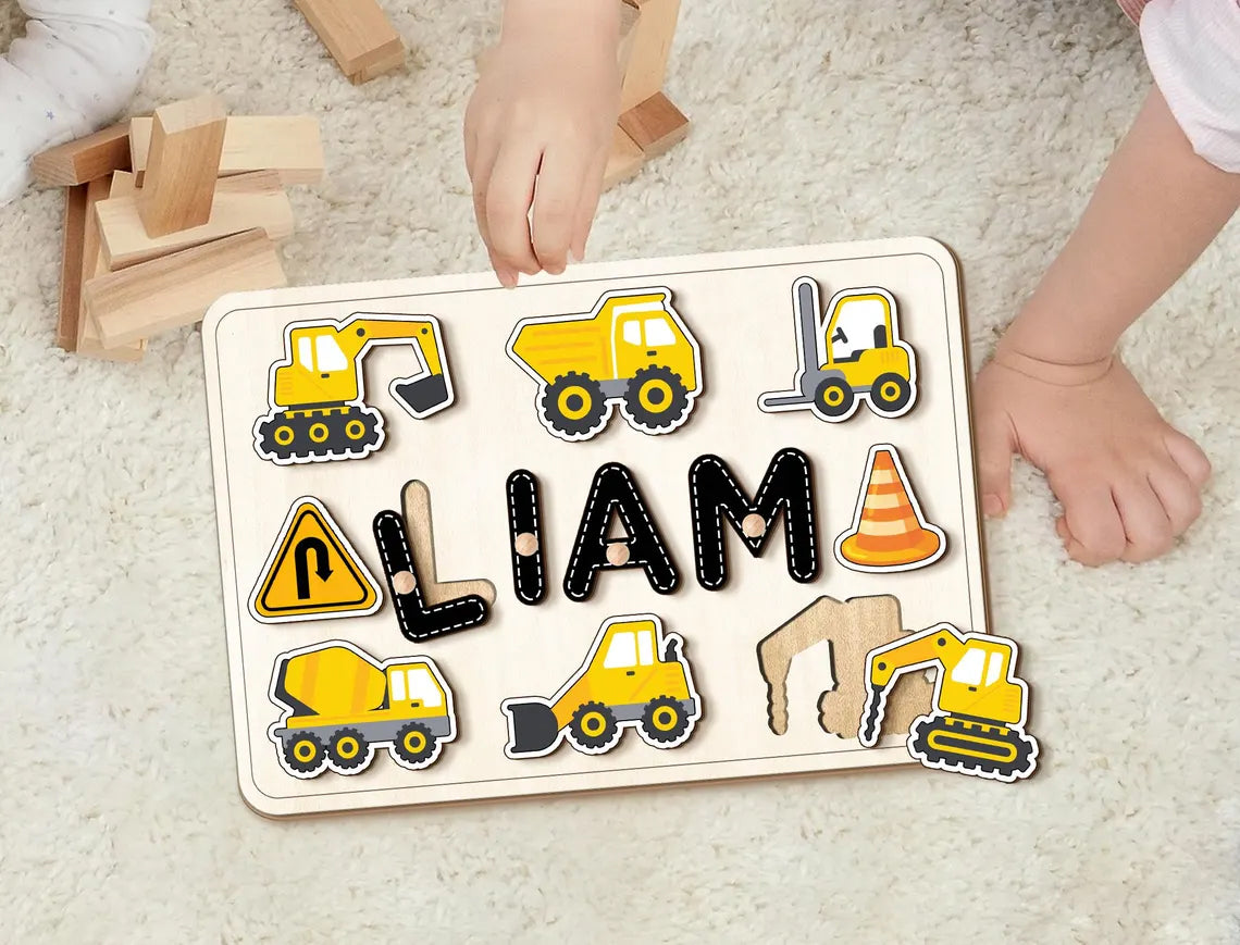 Personalized Construction Wooden Name Puzzle, Dump Truck, Backhoe, Digger Construction Set, Birthday Gifts for Baby Boy
