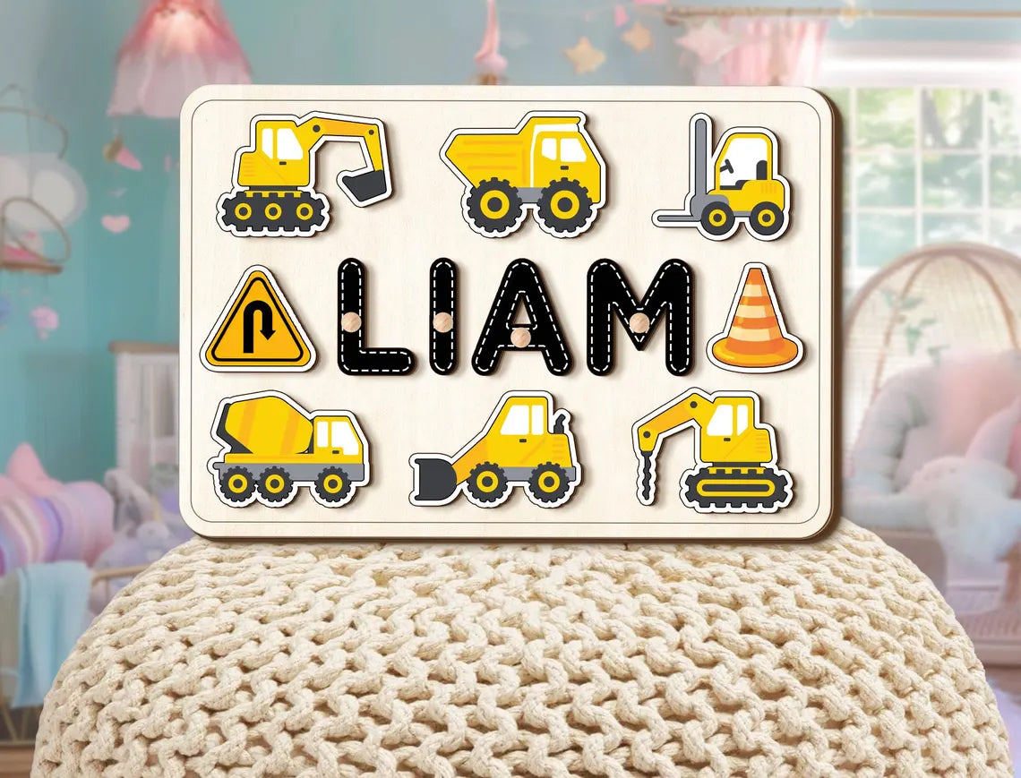Personalized Construction Wooden Name Puzzle, Dump Truck, Backhoe, Digger Construction Set, Birthday Gifts for Baby Boy