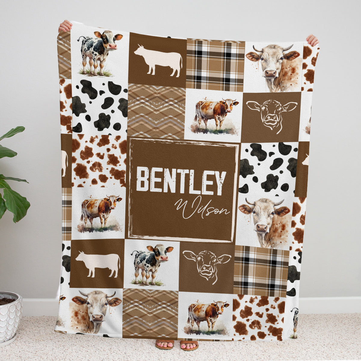 Personalized Cow Baby Blankets for Boys Girls, Custom Name Cow Prints Swaddle Blanket for Crib Stroller Travel Bed