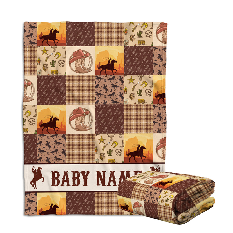 Personalized Cowboy Baby Blanket - Western Fleece for Boys, Brown Custom Name Blanket for Infant Newborn Son Daughter
