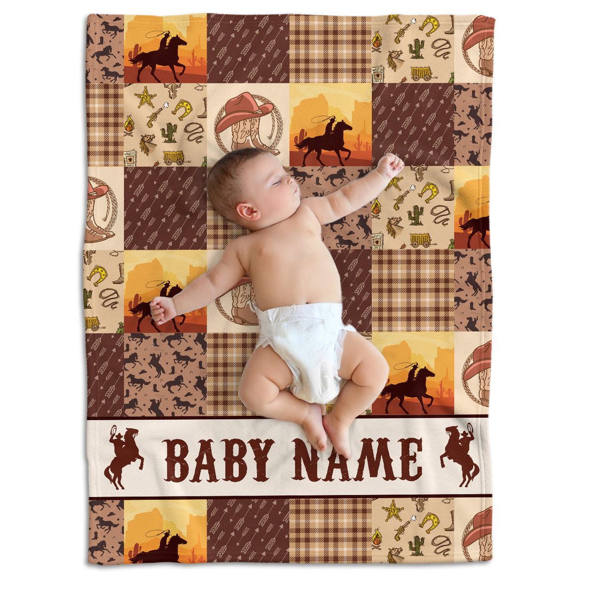 Personalized Cowboy Baby Blanket - Western Fleece for Boys, Brown Custom Name Blanket for Infant Newborn Son Daughter