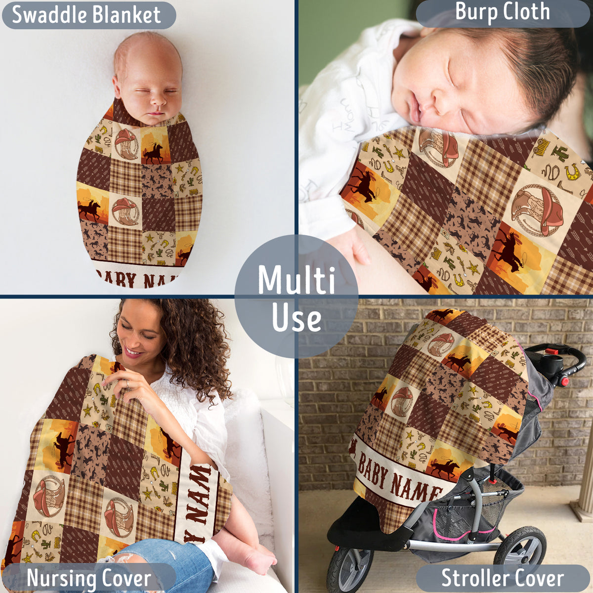 Personalized Cowboy Baby Blanket - Western Fleece for Boys, Brown Custom Name Blanket for Infant Newborn Son Daughter