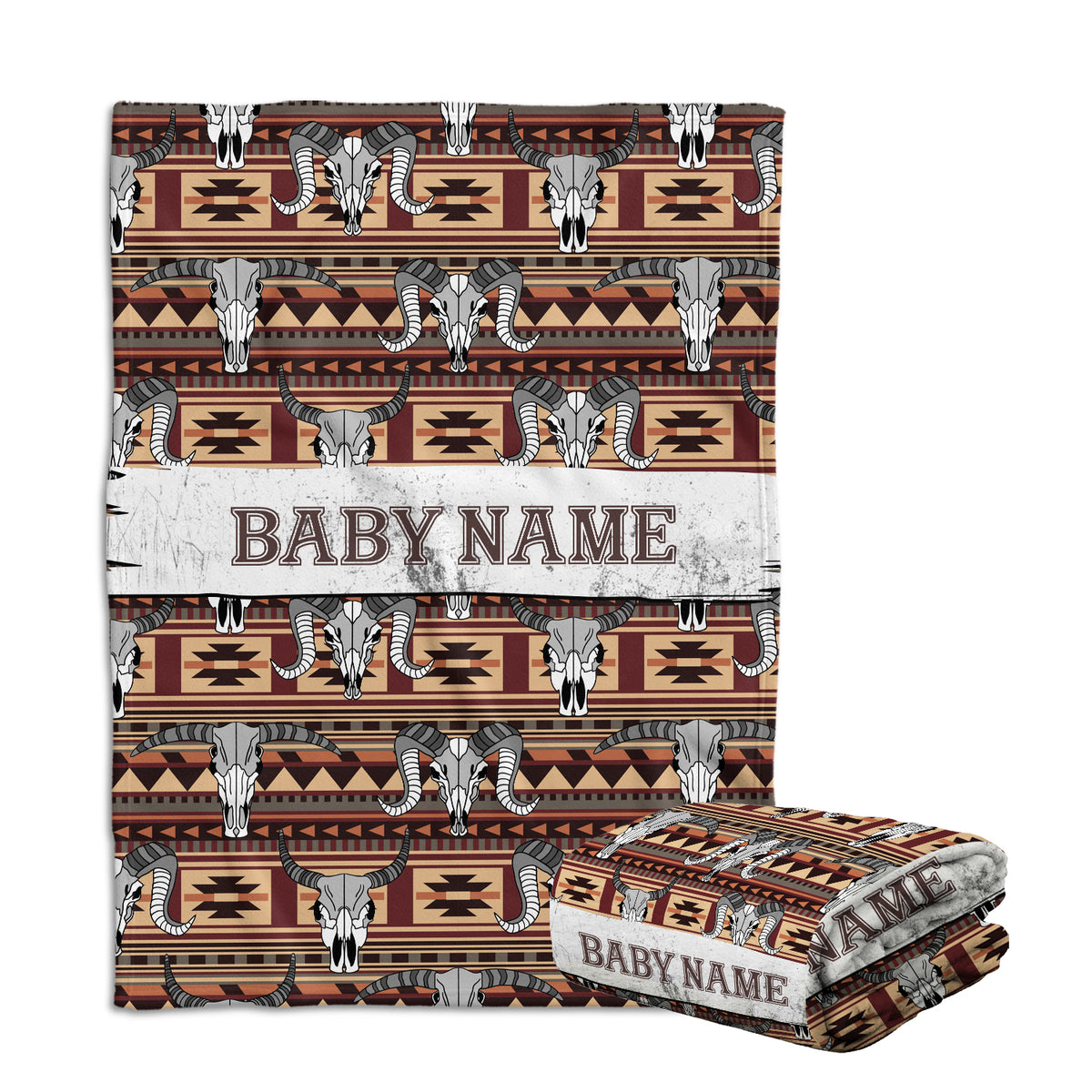 Personalized Cowboy Baby Blankets for Baby, Skull Longhorn Custom Baby Blankets Name, Tribal Pattern Fleece Blankets for Infant Newborn