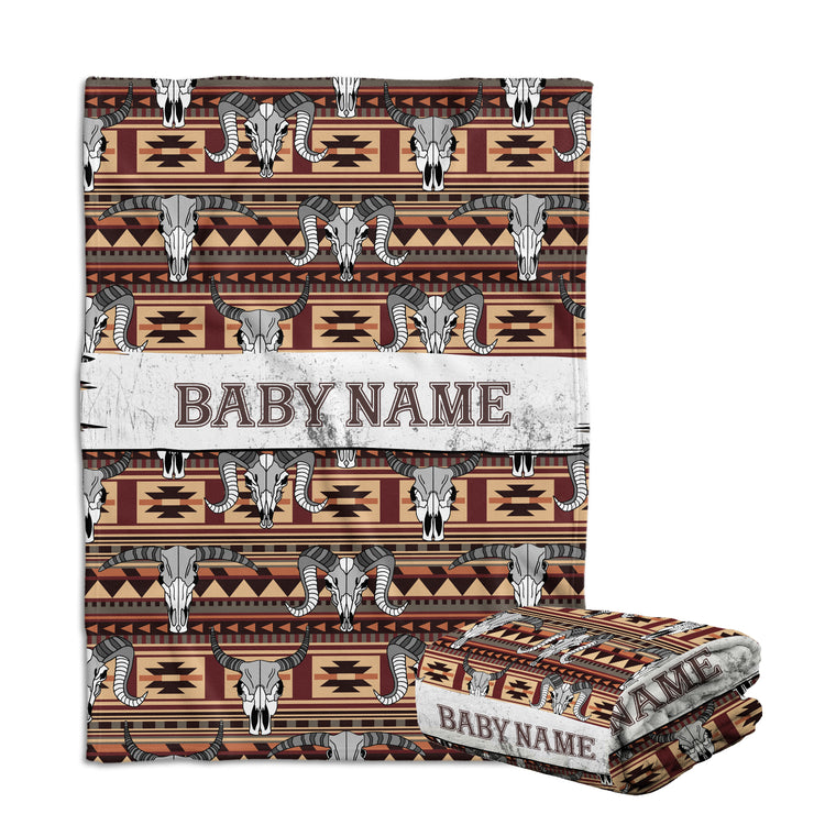 Personalized Cowboy Baby Blankets for Baby, Skull Longhorn Custom Baby Blankets Name, Tribal Pattern Fleece Blankets for Infant Newborn