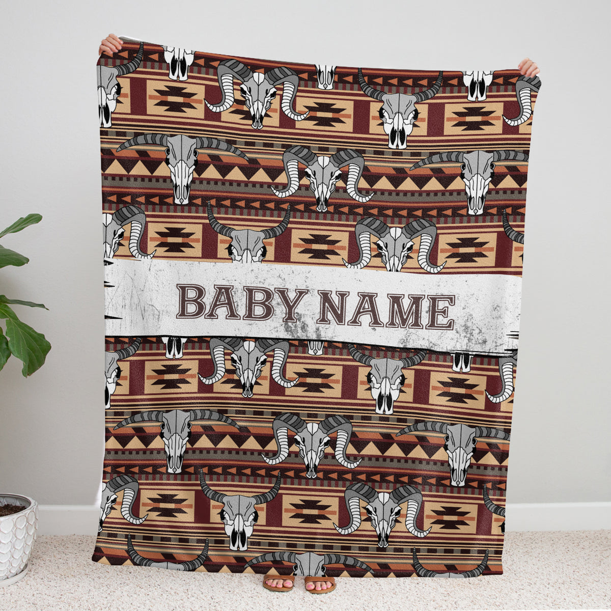 Personalized Cowboy Baby Blankets for Baby, Skull Longhorn Custom Baby Blankets Name, Tribal Pattern Fleece Blankets for Infant Newborn