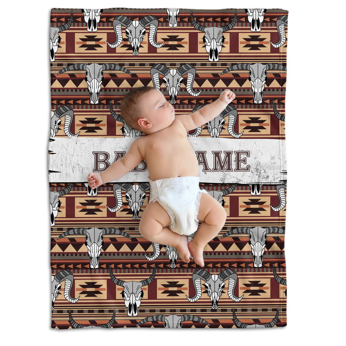 Personalized Cowboy Baby Blankets for Baby, Skull Longhorn Custom Baby Blankets Name, Tribal Pattern Fleece Blankets for Infant Newborn