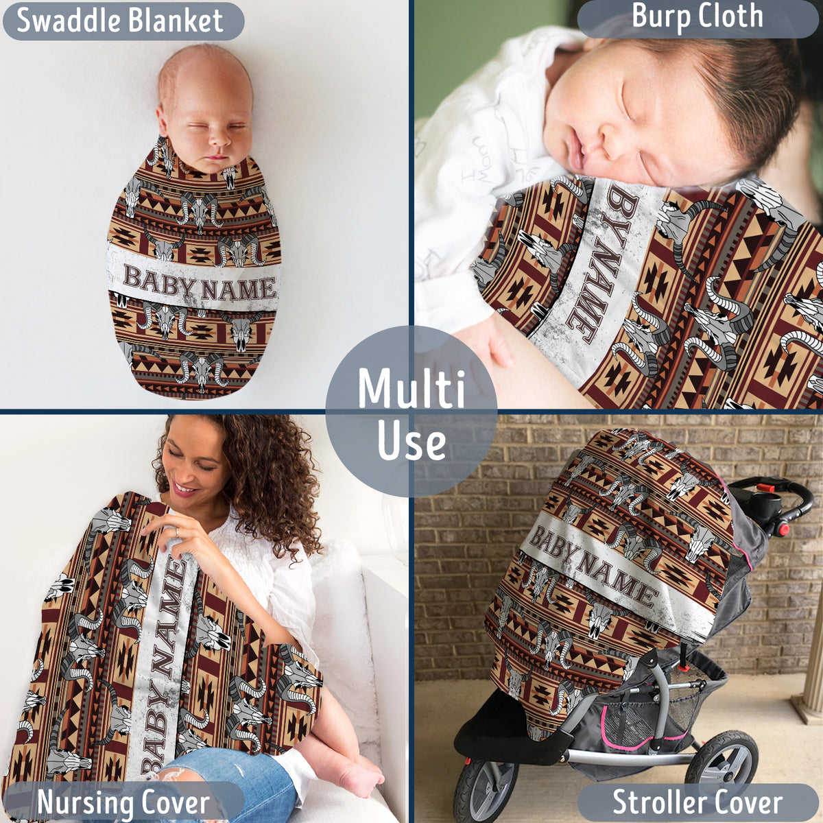Personalized Cowboy Baby Blankets for Baby, Skull Longhorn Custom Baby Blankets Name, Tribal Pattern Fleece Blankets for Infant Newborn