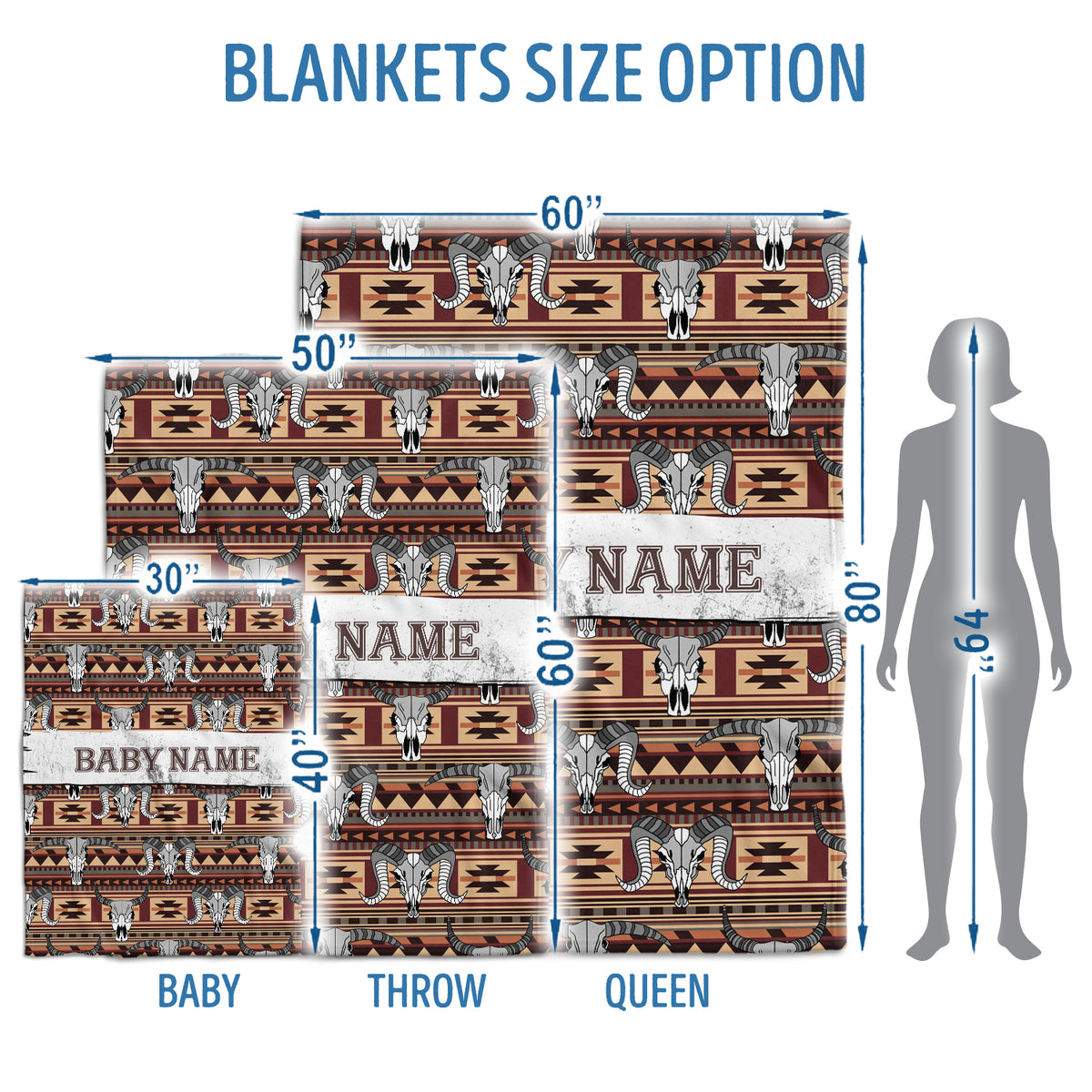 Personalized Cowboy Baby Blankets for Baby, Skull Longhorn Custom Baby Blankets Name, Tribal Pattern Fleece Blankets for Infant Newborn