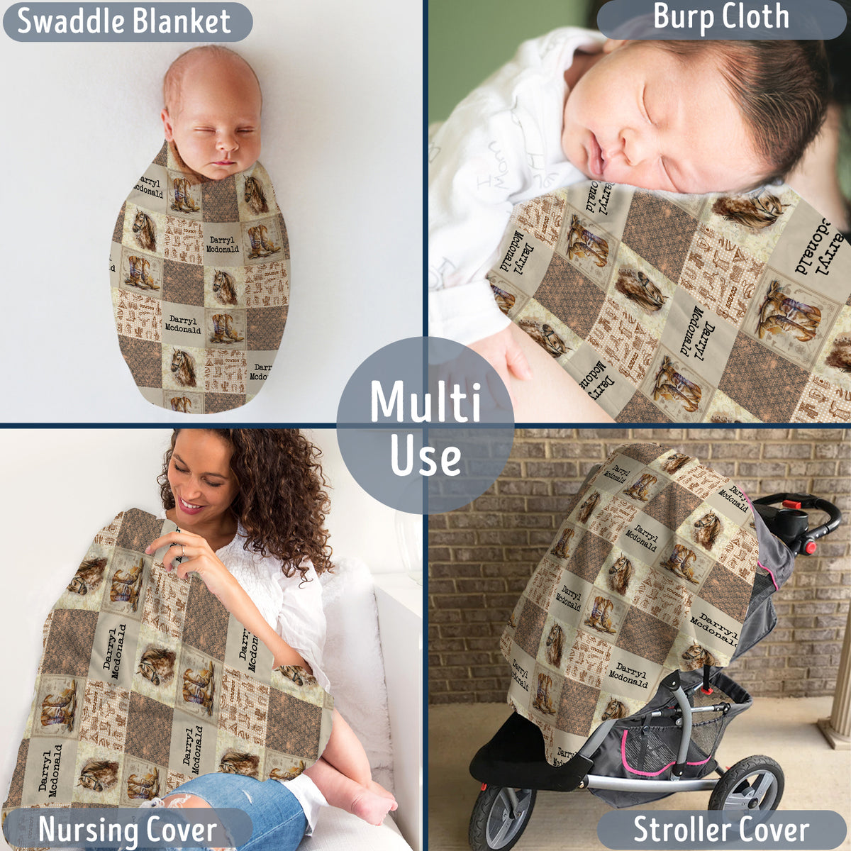 Personalized Cowboy Pattern Baby Blankets for Girls Boys, Baby Stuff, Custom Name Fleece Blanket for Newborn Infant Son Todders