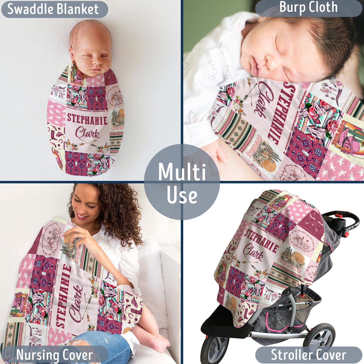 Personalized Cowgirl Baby Blanket for Girls - Western Pink Fleece Custom Name Blanket for Infant Newborn Daughter