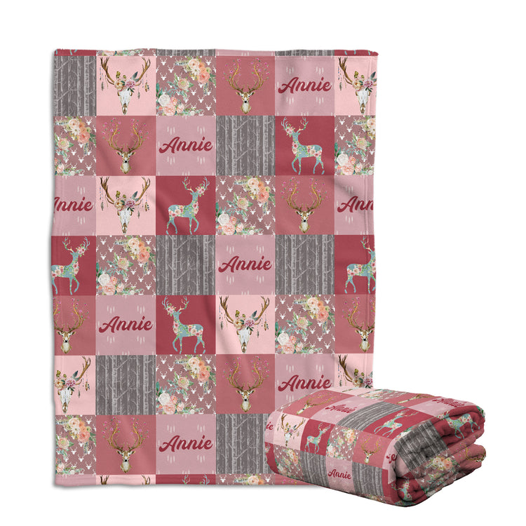 Personalized Deer Baby Blanket for Girls - Woodland Theme With Pink Flowers, Custom Name, Swaddle, 3 Sizes Plush