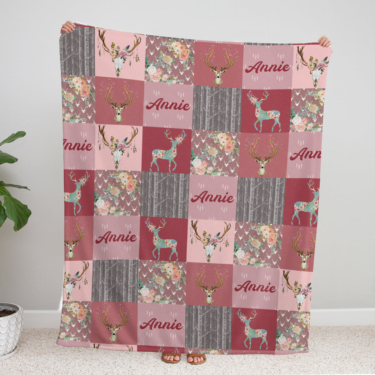 Personalized Deer Baby Blanket for Girls - Woodland Theme With Pink Flowers, Custom Name, Swaddle, 3 Sizes Plush