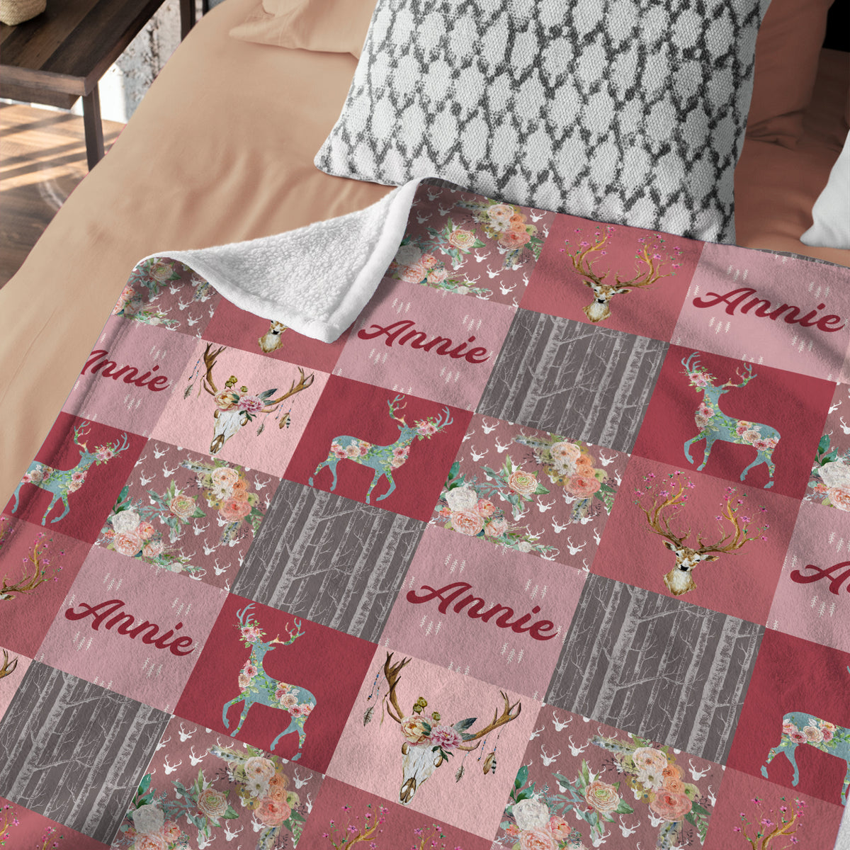 Personalized Deer Baby Blanket for Girls - Woodland Theme With Pink Flowers, Custom Name, Swaddle, 3 Sizes Plush