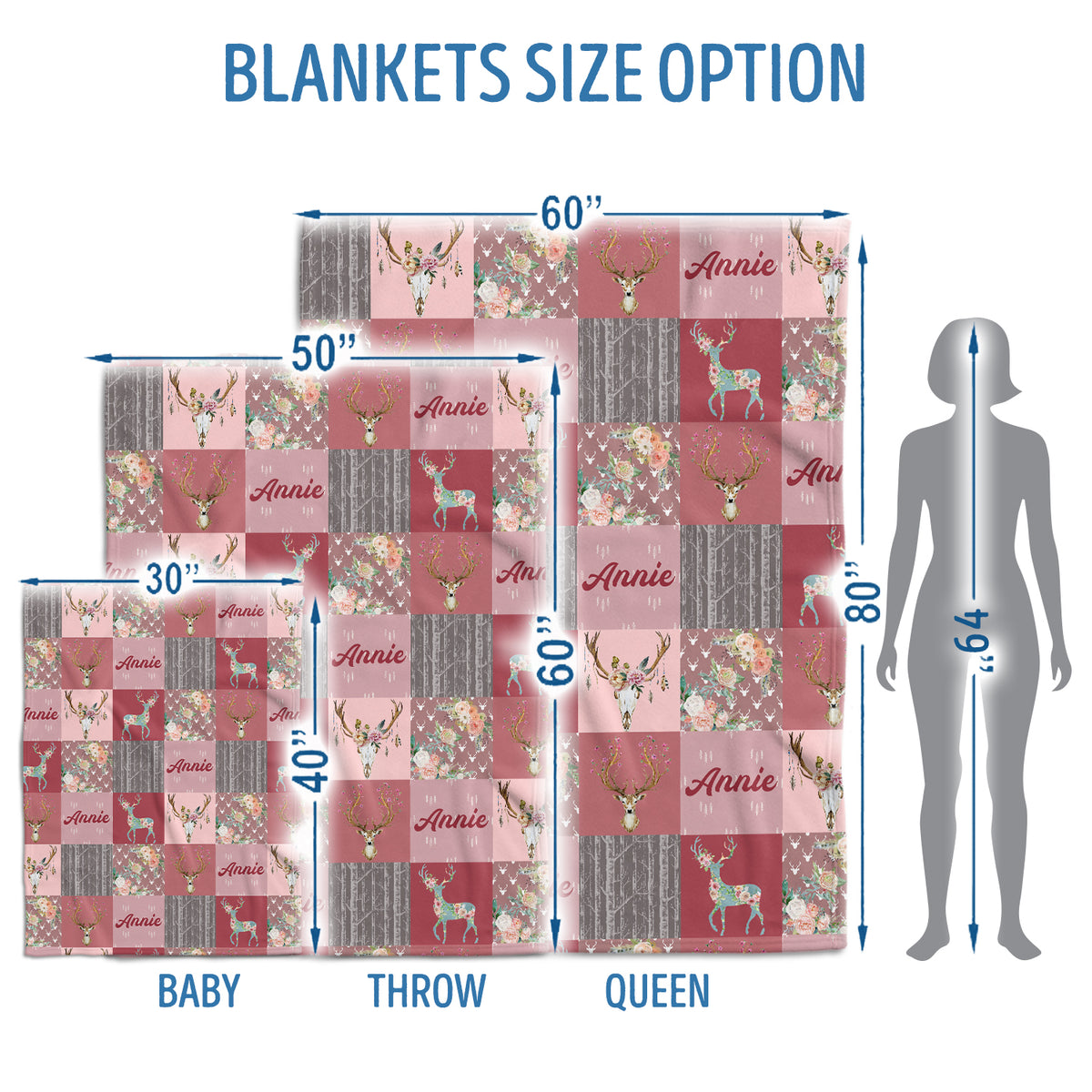 Personalized Deer Baby Blanket for Girls - Woodland Theme With Pink Flowers, Custom Name, Swaddle, 3 Sizes Plush