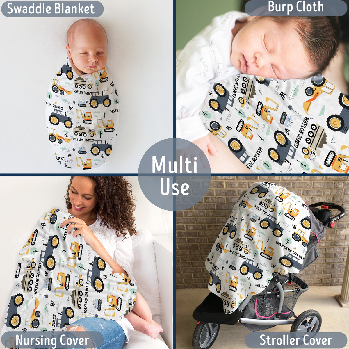 Personalized Dump Truck Baby Blankets for Boys, Construction Baby Blanket Name, Swaddle Blanket with Trucks for Crib Stroller Travel Bed