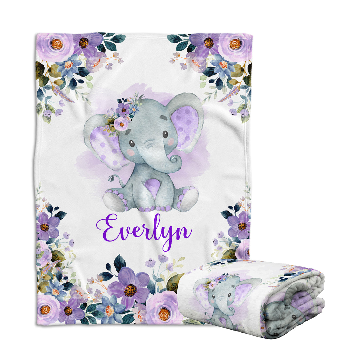 Personalized Elephant Baby Blanket for Girls - Custom Swaddle With Purple Flowers, Plush for Newborn Infant Daughter Granddaughter
