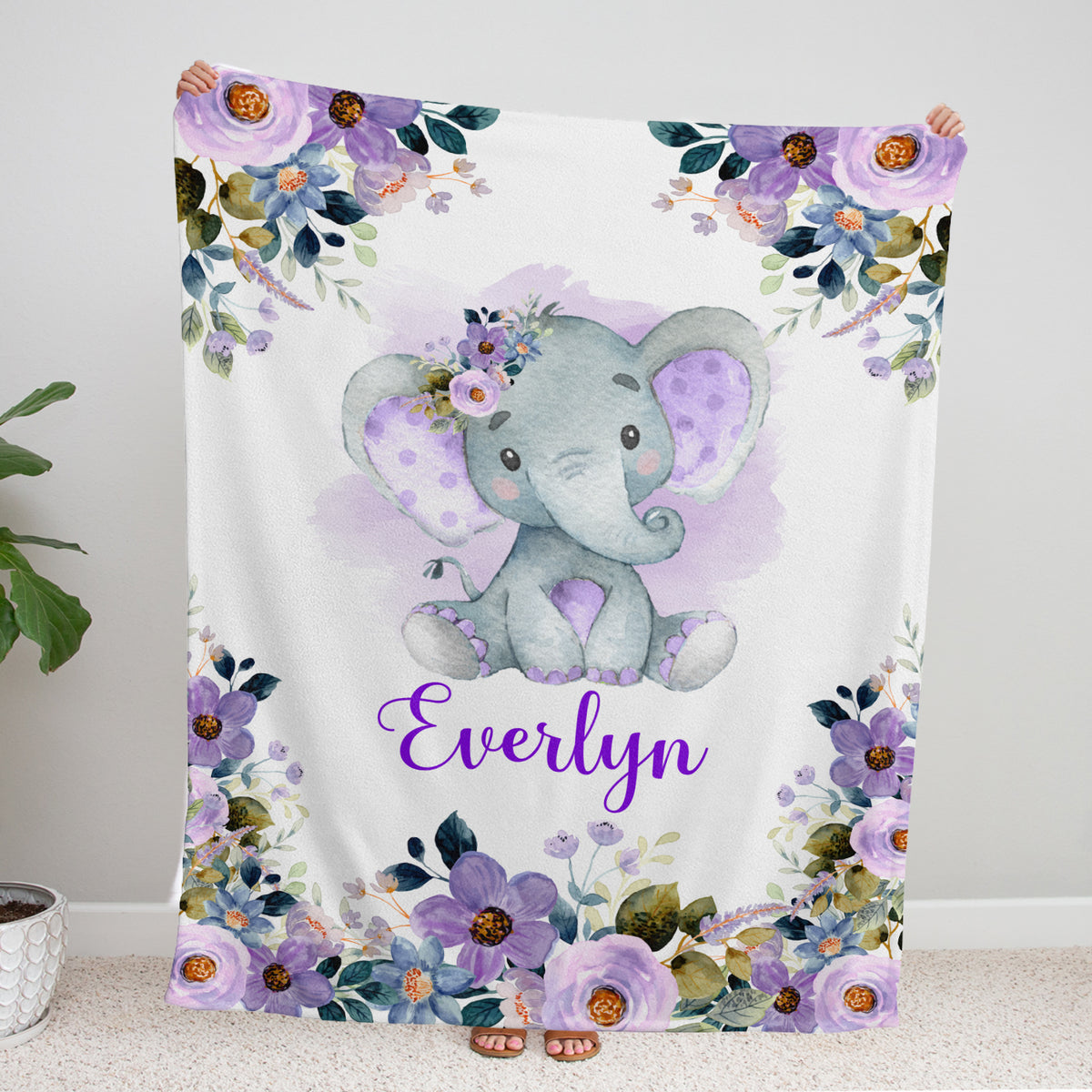 Personalized Elephant Baby Blanket for Girls - Custom Swaddle With Purple Flowers, Plush for Newborn Infant Daughter Granddaughter