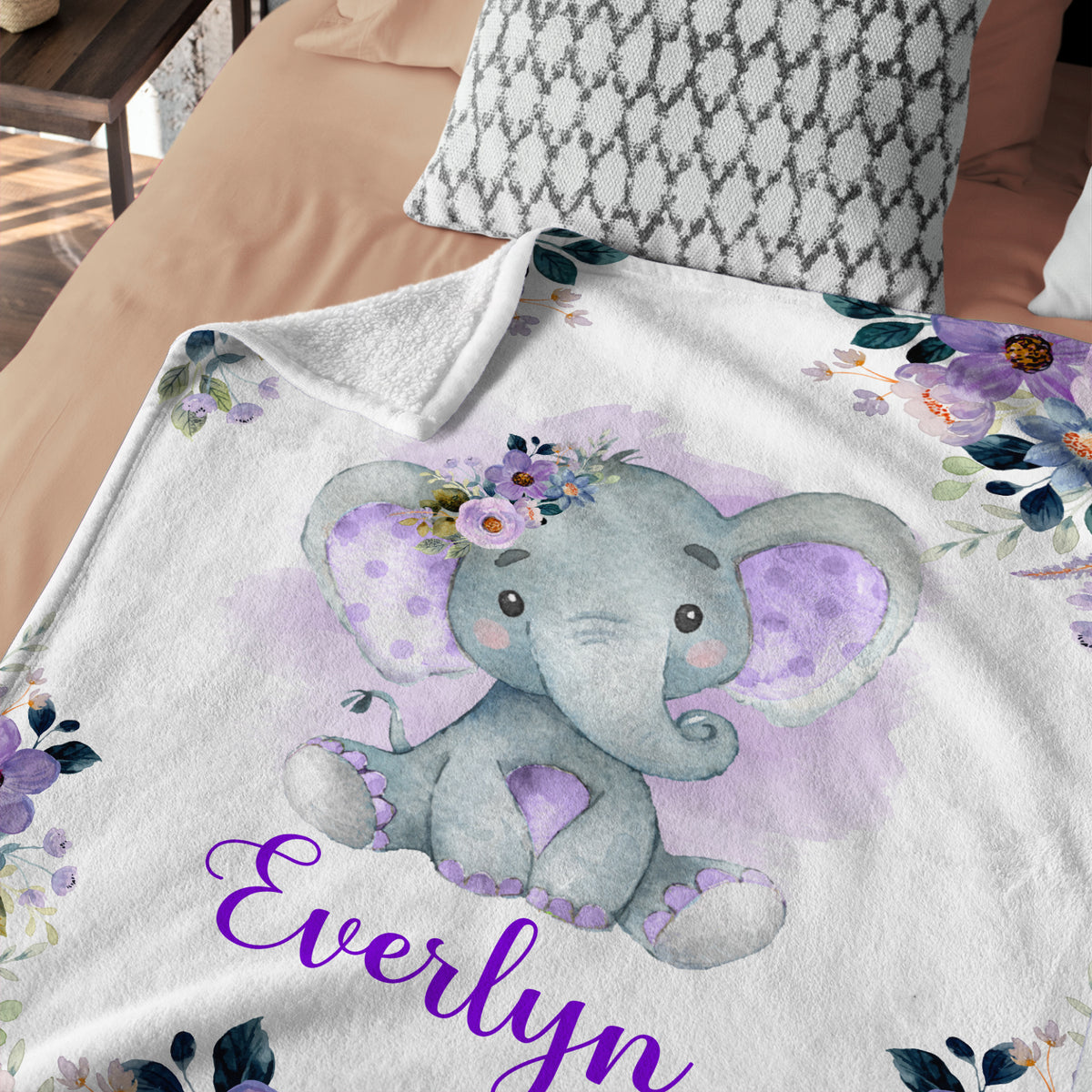Personalized Elephant Baby Blanket for Girls - Custom Swaddle With Purple Flowers, Plush for Newborn Infant Daughter Granddaughter
