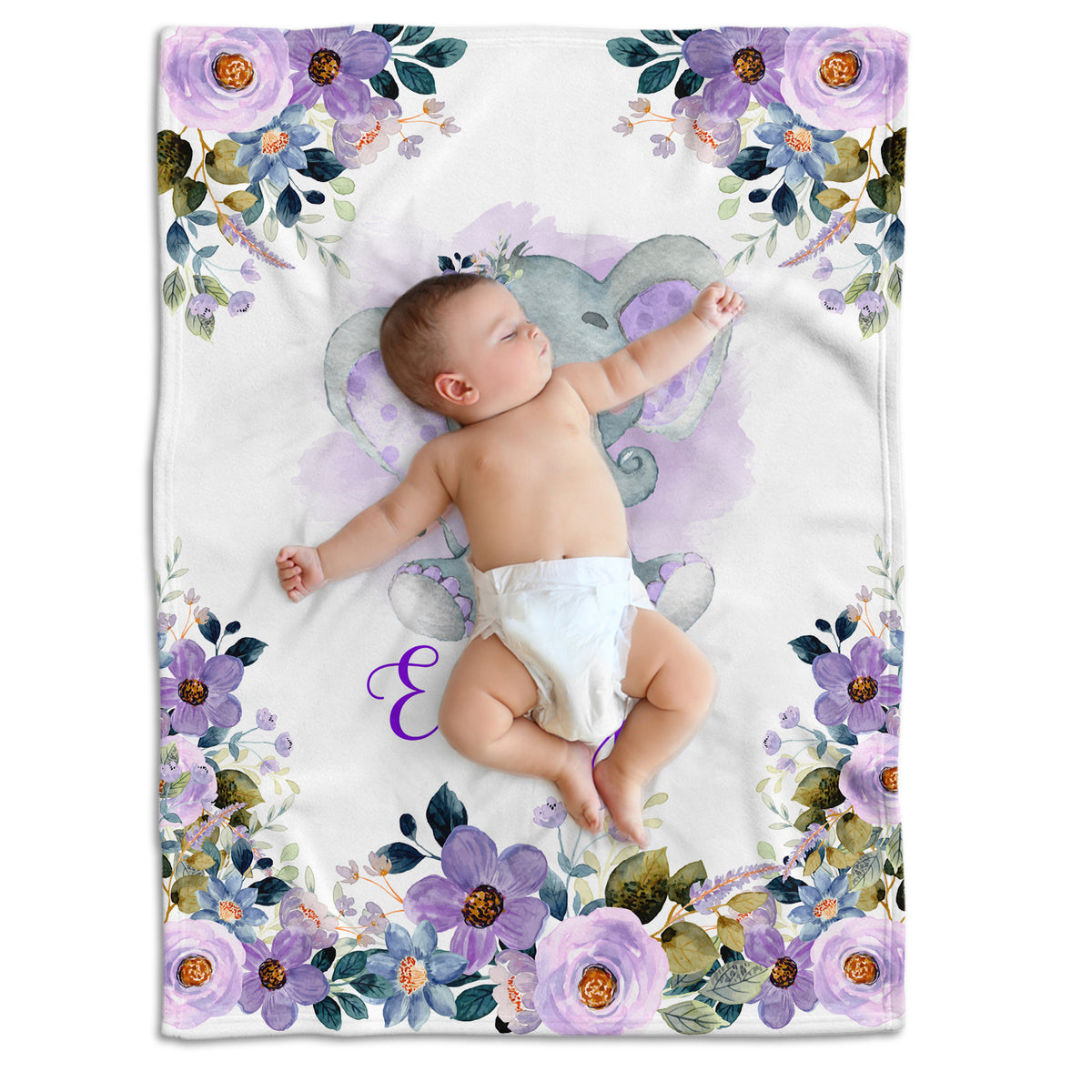 Personalized Elephant Baby Blanket for Girls - Custom Swaddle With Purple Flowers, Plush for Newborn Infant Daughter Granddaughter