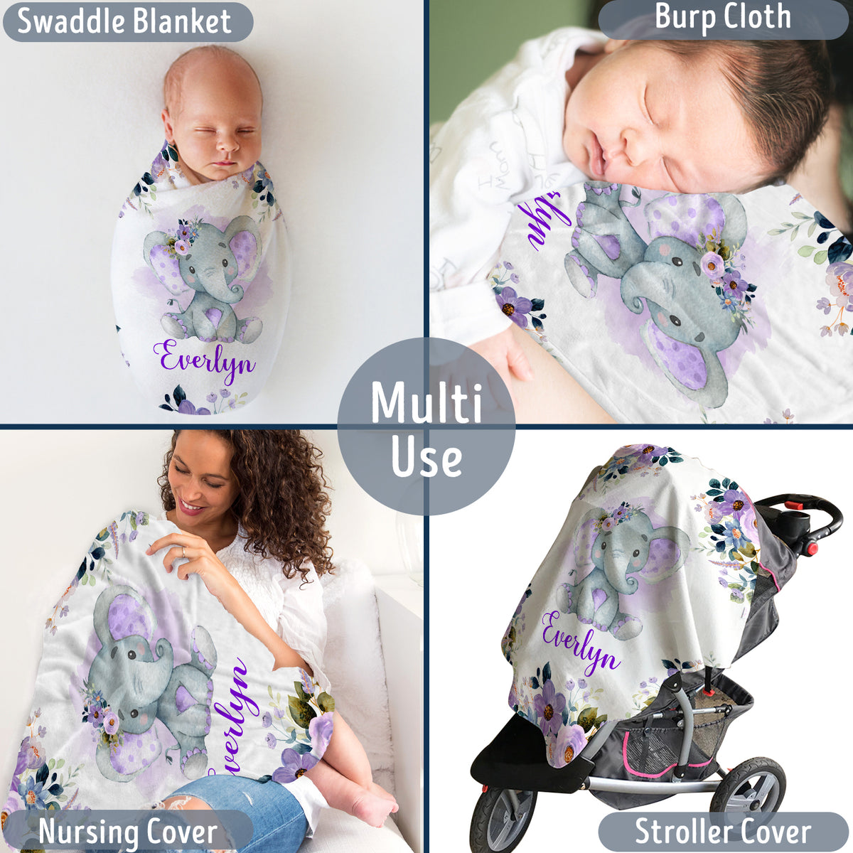 Personalized Elephant Baby Blanket for Girls - Custom Swaddle With Purple Flowers, Plush for Newborn Infant Daughter Granddaughter