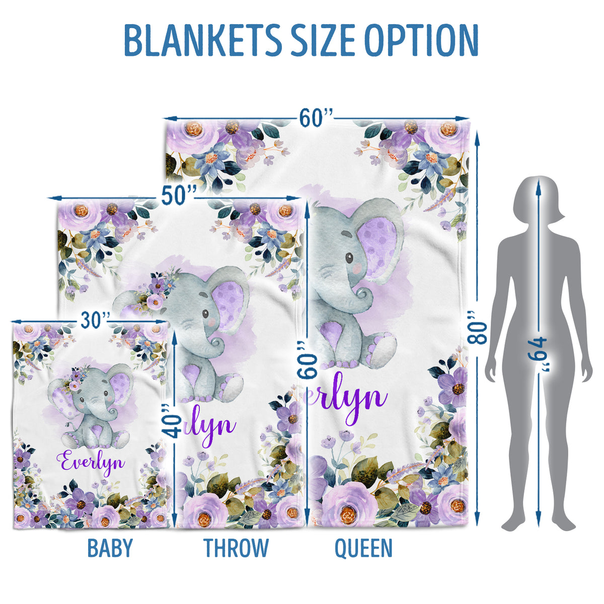 Personalized Elephant Baby Blanket for Girls - Custom Swaddle With Purple Flowers, Plush for Newborn Infant Daughter Granddaughter