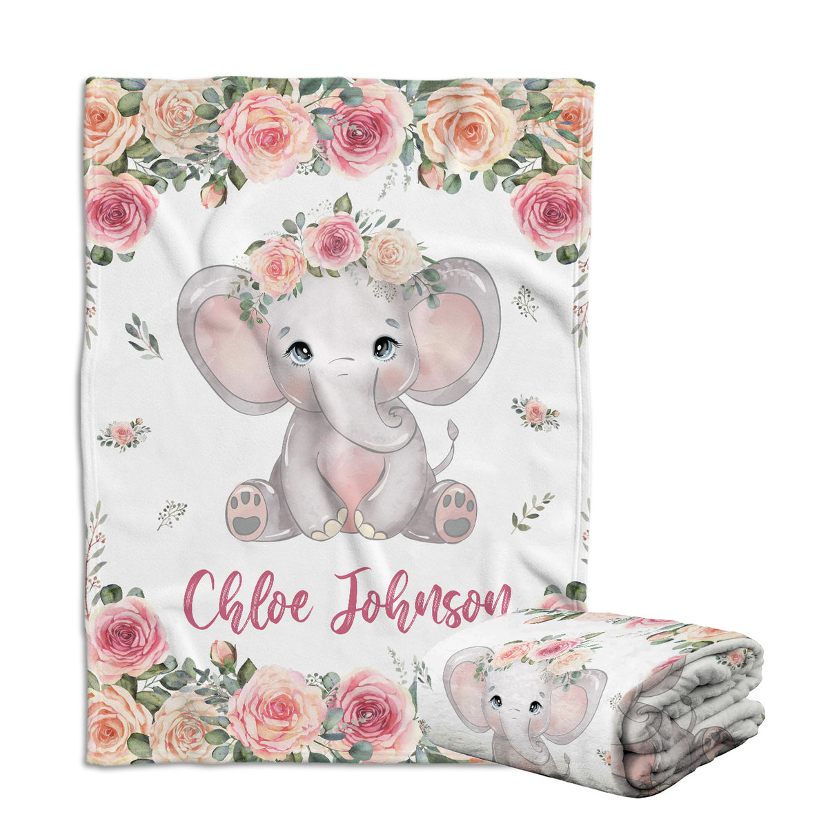 Personalized Elephant Baby Blankets for Girl, Baby Girl Stuff, Pink Flowers Blankets, Custom Baby Blankets with Name