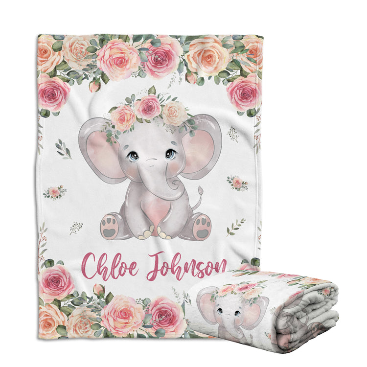 Personalized Elephant Baby Blankets for Girl, Baby Girl Stuff, Pink Flowers Blankets, Custom Baby Blankets with Name