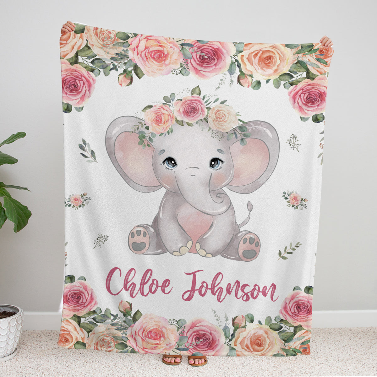 Personalized Elephant Baby Blankets for Girl, Baby Girl Stuff, Pink Flowers Blankets, Custom Baby Blankets with Name