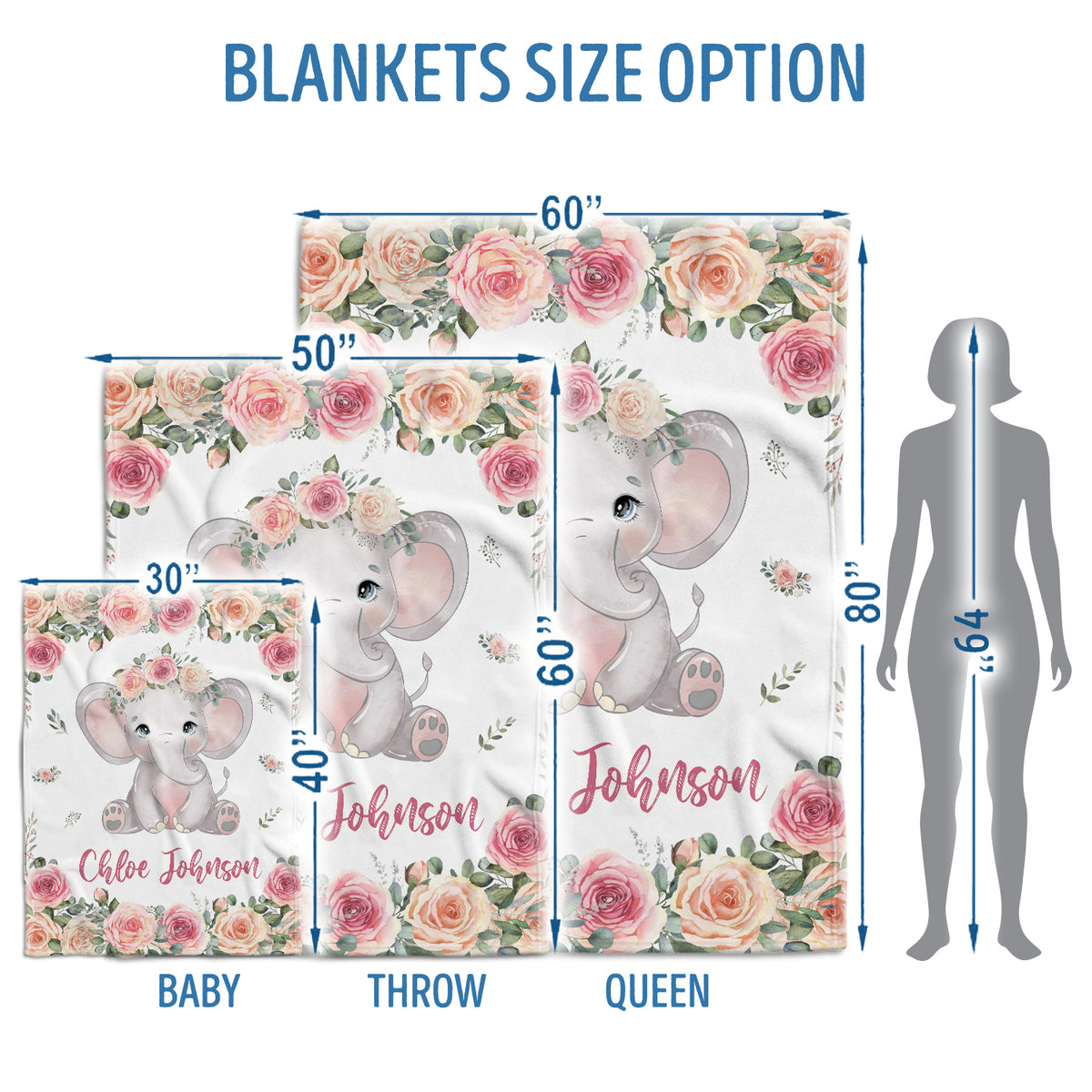 Personalized Elephant Baby Blankets for Girl, Baby Girl Stuff, Pink Flowers Blankets, Custom Baby Blankets with Name