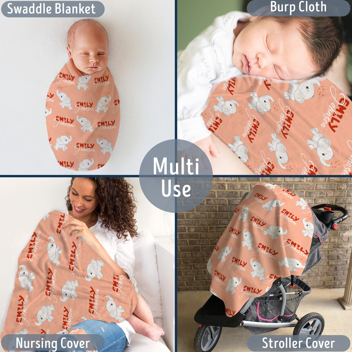 Personalized Elephant Baby Blankets for Girls - Custom Swaddle Blankets with Name, 3 Sizes Plush Blankets for Newborn Daughter or Granddaughter