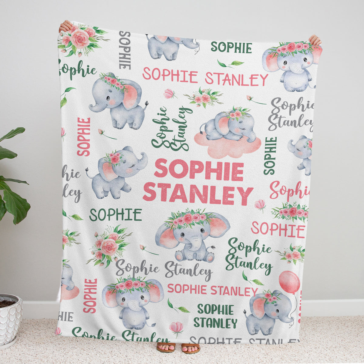 Personalized Elephant Baby Blankets for Girls, Pink Flowers Baby Girl Swaddle Blanket, Plush Blankets for Newborn Infant Daughter Granddaughter