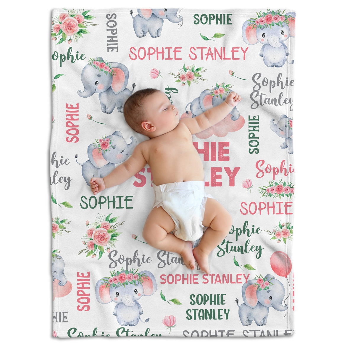 Personalized Elephant Baby Blankets for Girls, Pink Flowers Baby Girl Swaddle Blanket, Plush Blankets for Newborn Infant Daughter Granddaughter
