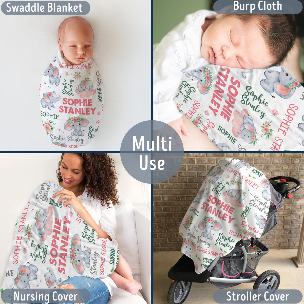 Personalized Elephant Baby Blankets for Girls, Pink Flowers Baby Girl Swaddle Blanket, Plush Blankets for Newborn Infant Daughter Granddaughter