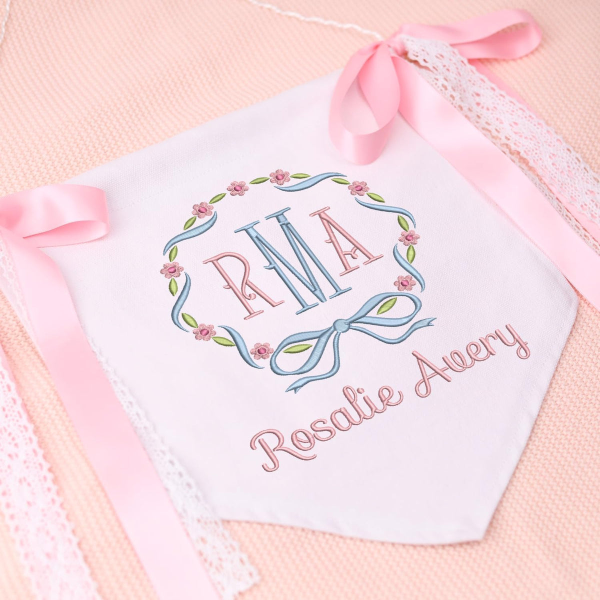 Personalized Embroidered Baby Banner, Baby Shower Banner with Bows, Canvas Hanging Pennant Flag Baby Banner, Embroidered Baby Name Flag