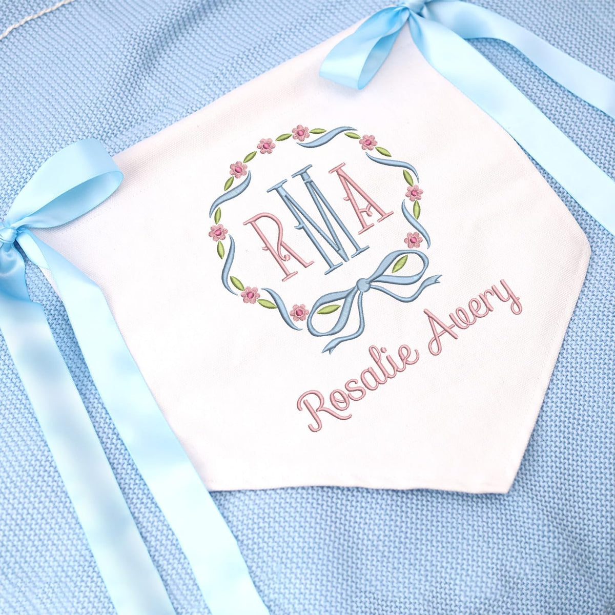 Personalized Embroidered Baby Banner, Baby Shower Banner with Bows, Canvas Hanging Pennant Flag Baby Banner, Embroidered Baby Name Flag