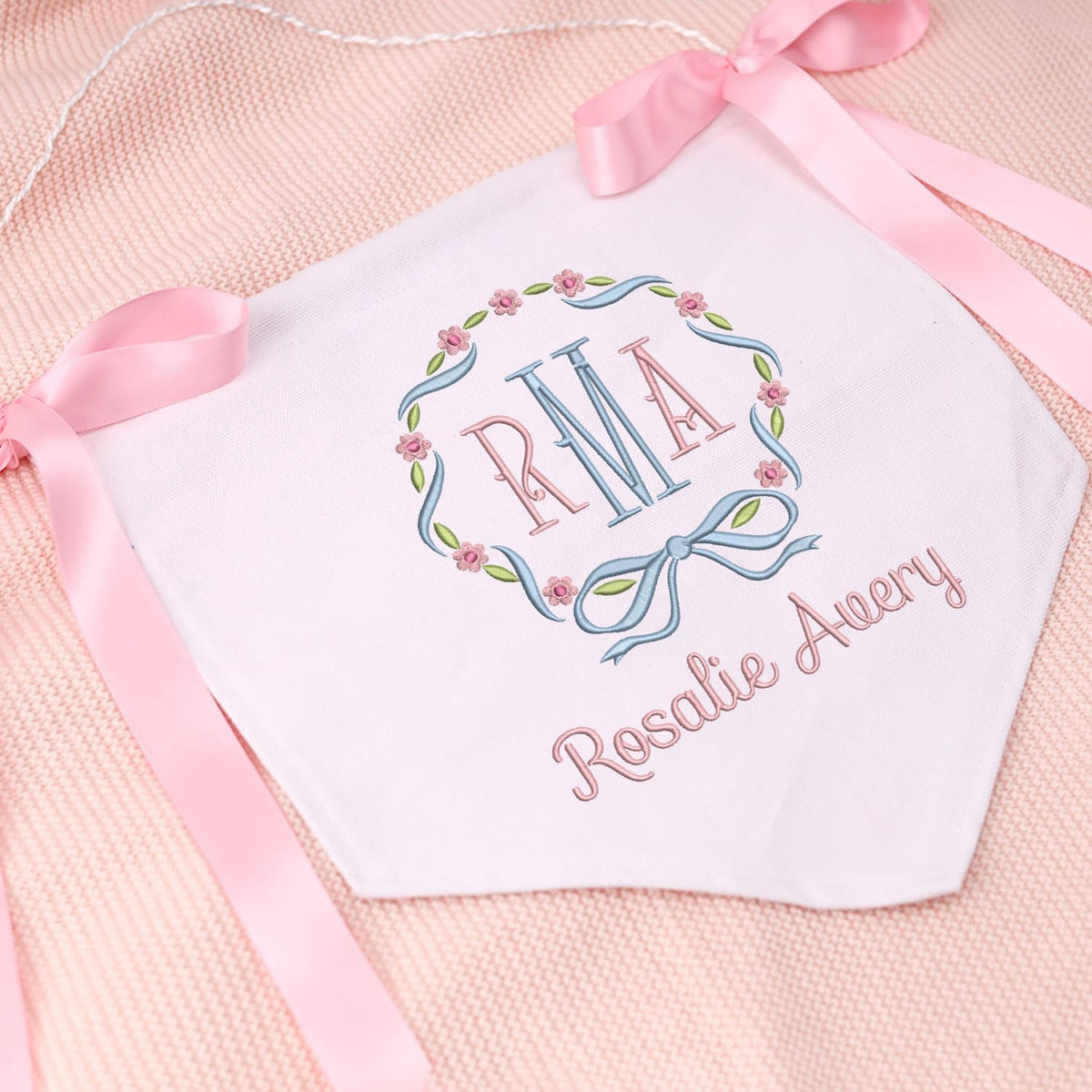 Personalized Embroidered Baby Banner, Baby Shower Banner with Bows, Canvas Hanging Pennant Flag Baby Banner, Embroidered Baby Name Flag