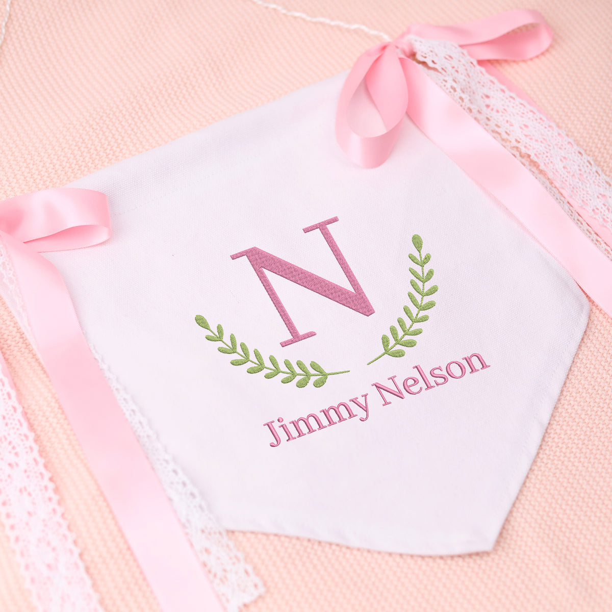 Personalized Embroidered Baby Banner, Canvas Hanging Pennant Flag Baby Banner, Welcome Baby Banner with Bows, Wall Sign Decor for Nursery Bedroom Playroom Font Door Baby Kids