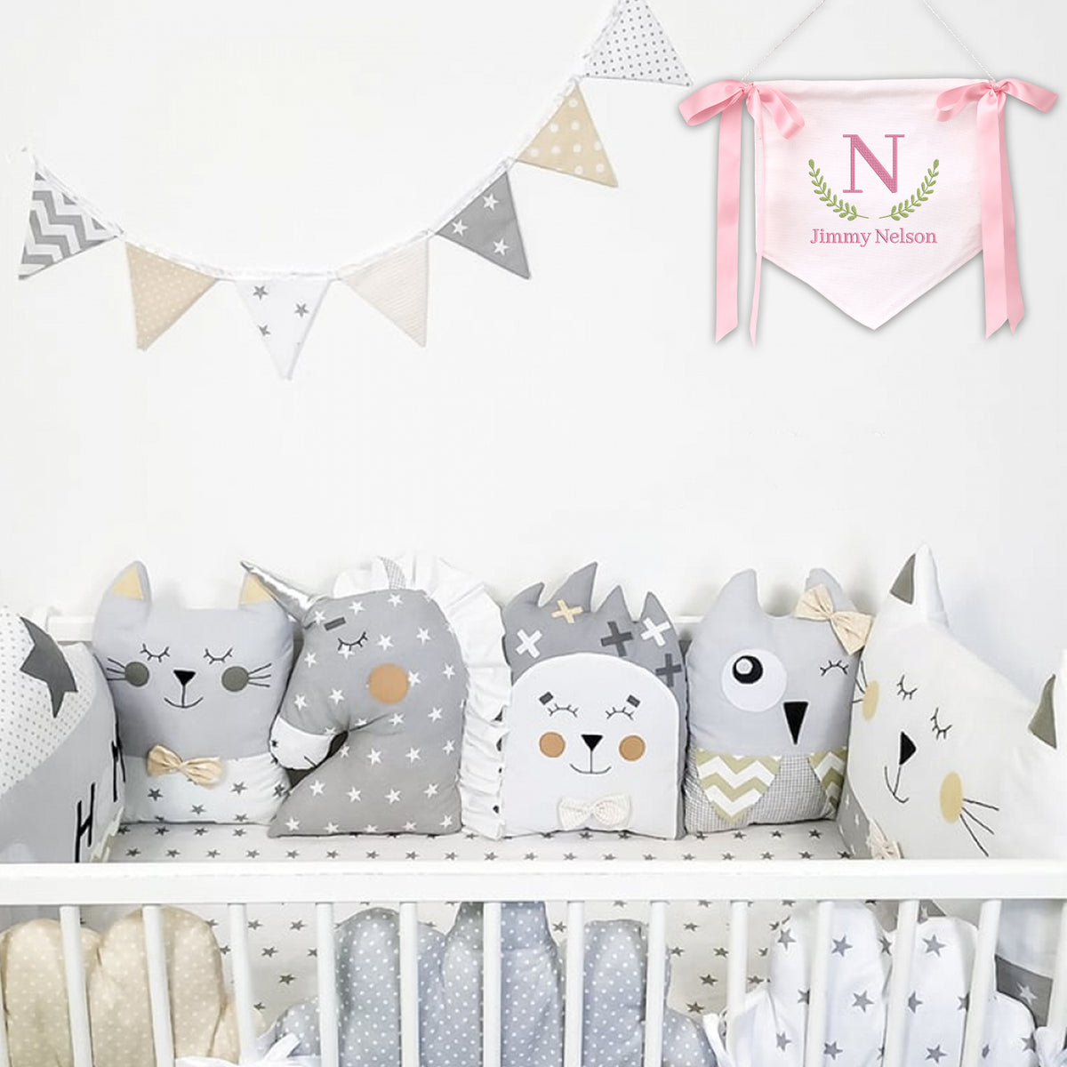 Personalized Embroidered Baby Banner, Canvas Hanging Pennant Flag Baby Banner, Welcome Baby Banner with Bows, Wall Sign Decor for Nursery Bedroom Playroom Font Door Baby Kids