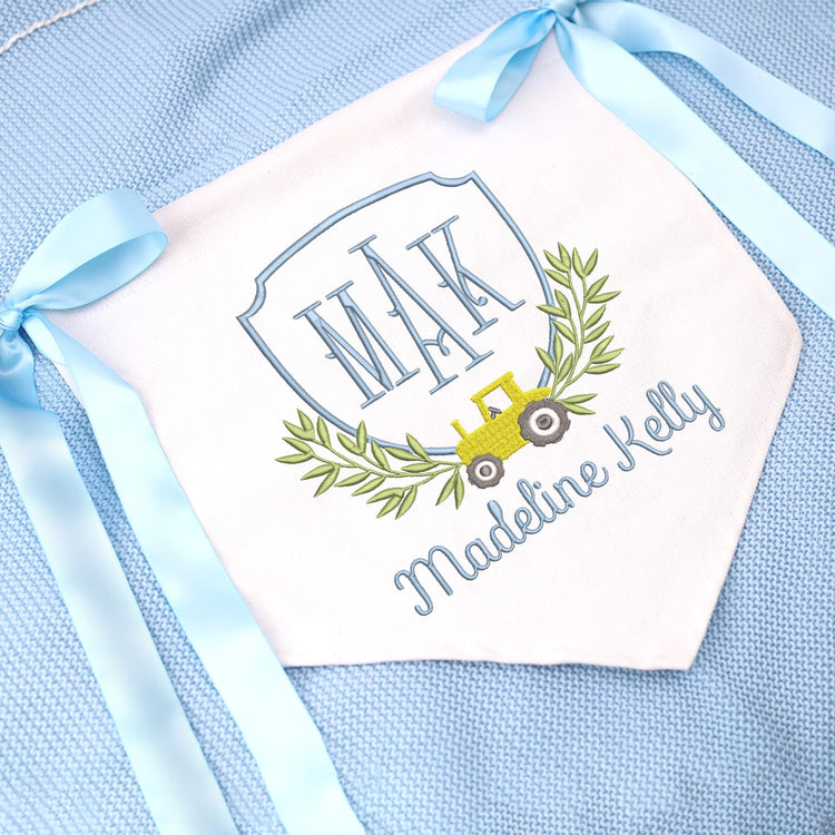 Personalized Embroidered Baby Banner Flag, Baby Announcement Sign, Baby Canvas Hanging Pennant Flag, Newborn Baby Banner with Bows Ribbon, Gift For Baby