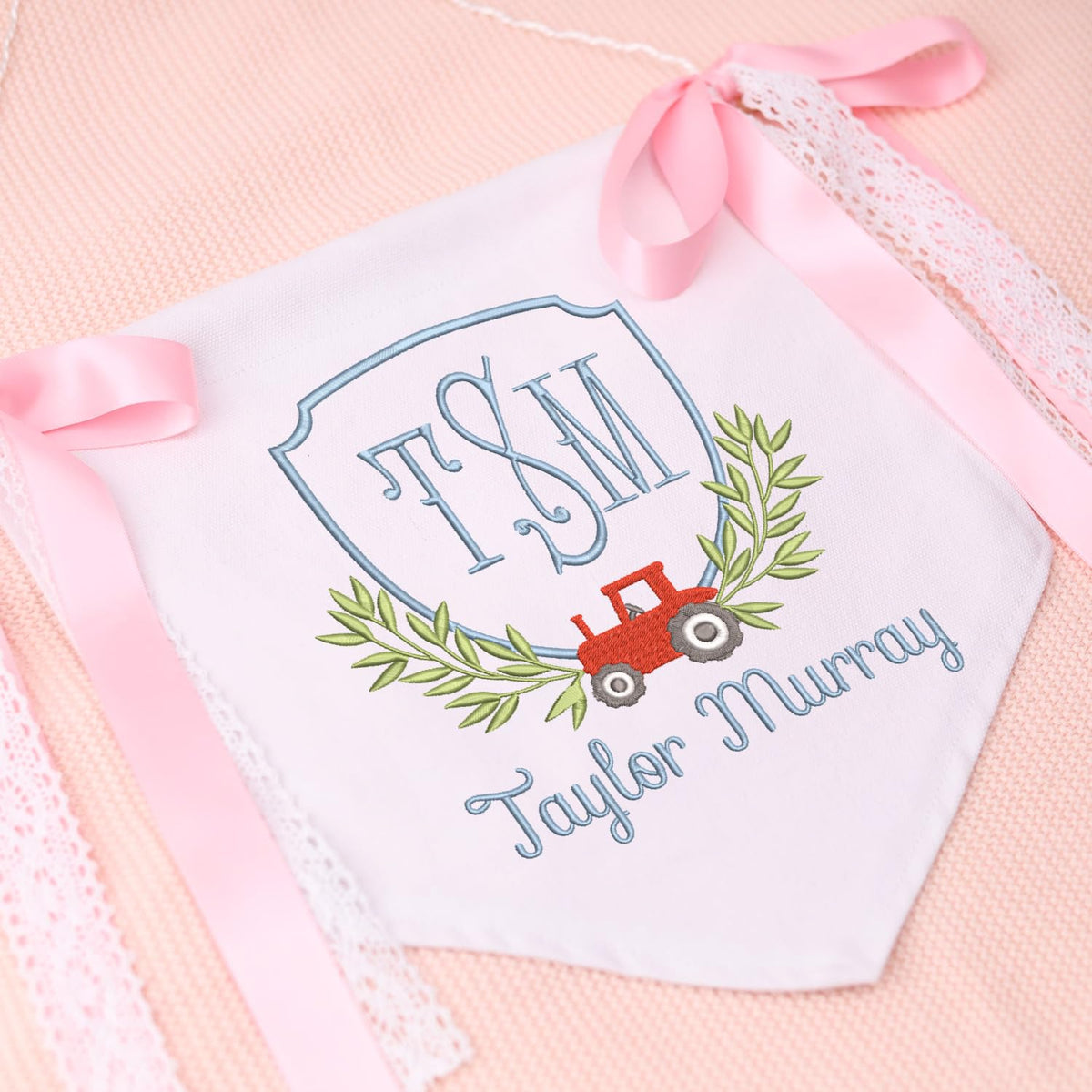 Personalized Embroidered Baby Banner Flag, Baby Announcement Sign, Baby Canvas Hanging Pennant Flag, Newborn Baby Banner with Bows Ribbon, Gift For Baby