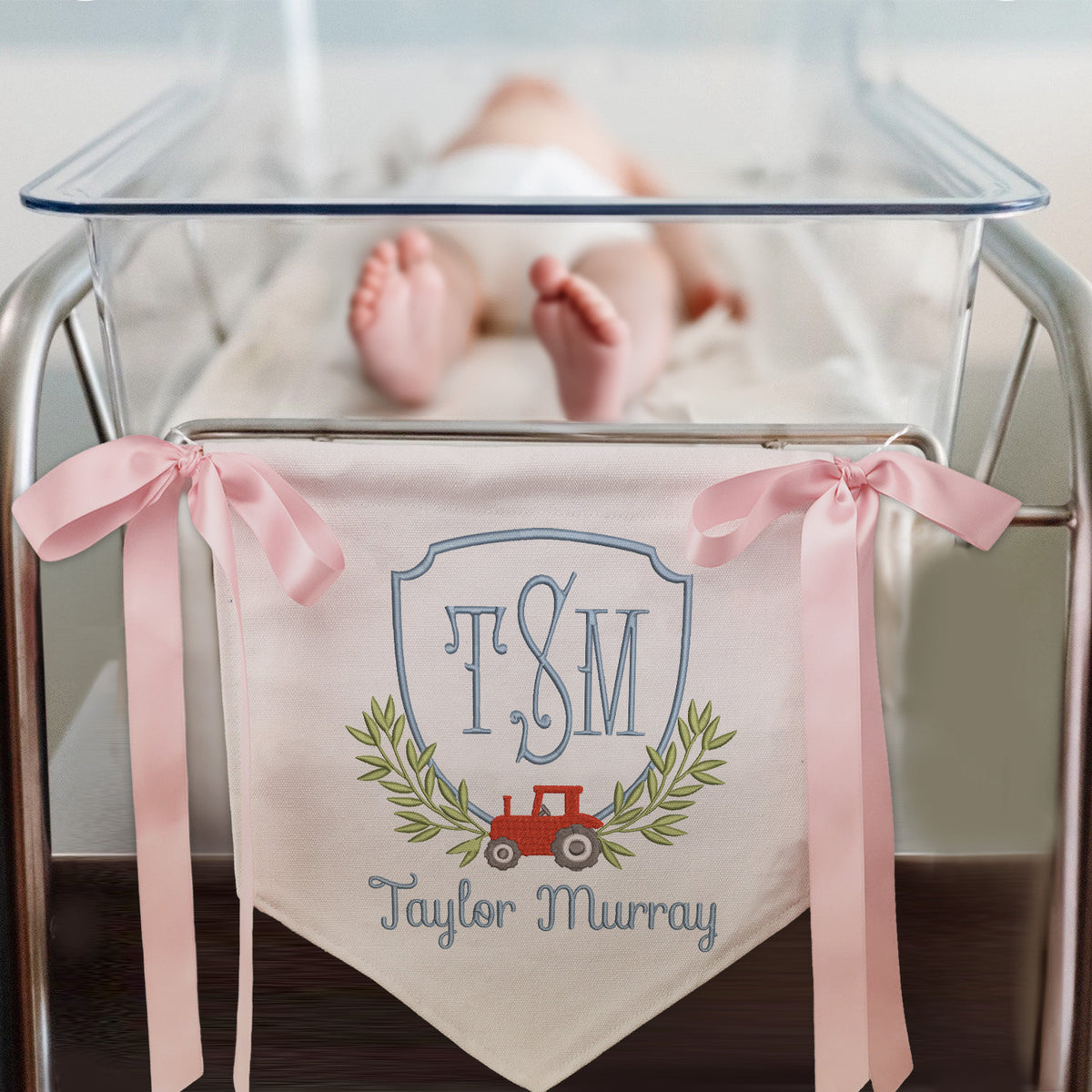 Personalized Embroidered Baby Banner Flag, Baby Announcement Sign, Baby Canvas Hanging Pennant Flag, Newborn Baby Banner with Bows Ribbon, Gift For Baby