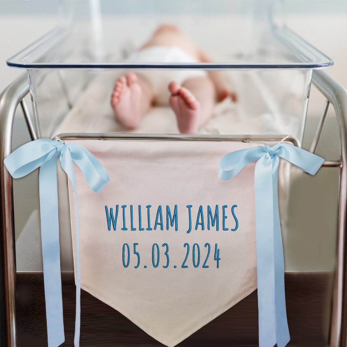 Personalized Embroidered Baby Banner Flag, Baby Announcement Sign, Baby Canvas Hanging Pennant Flag, Newborn Baby Banner with Bows Ribbon, Great gift for baby