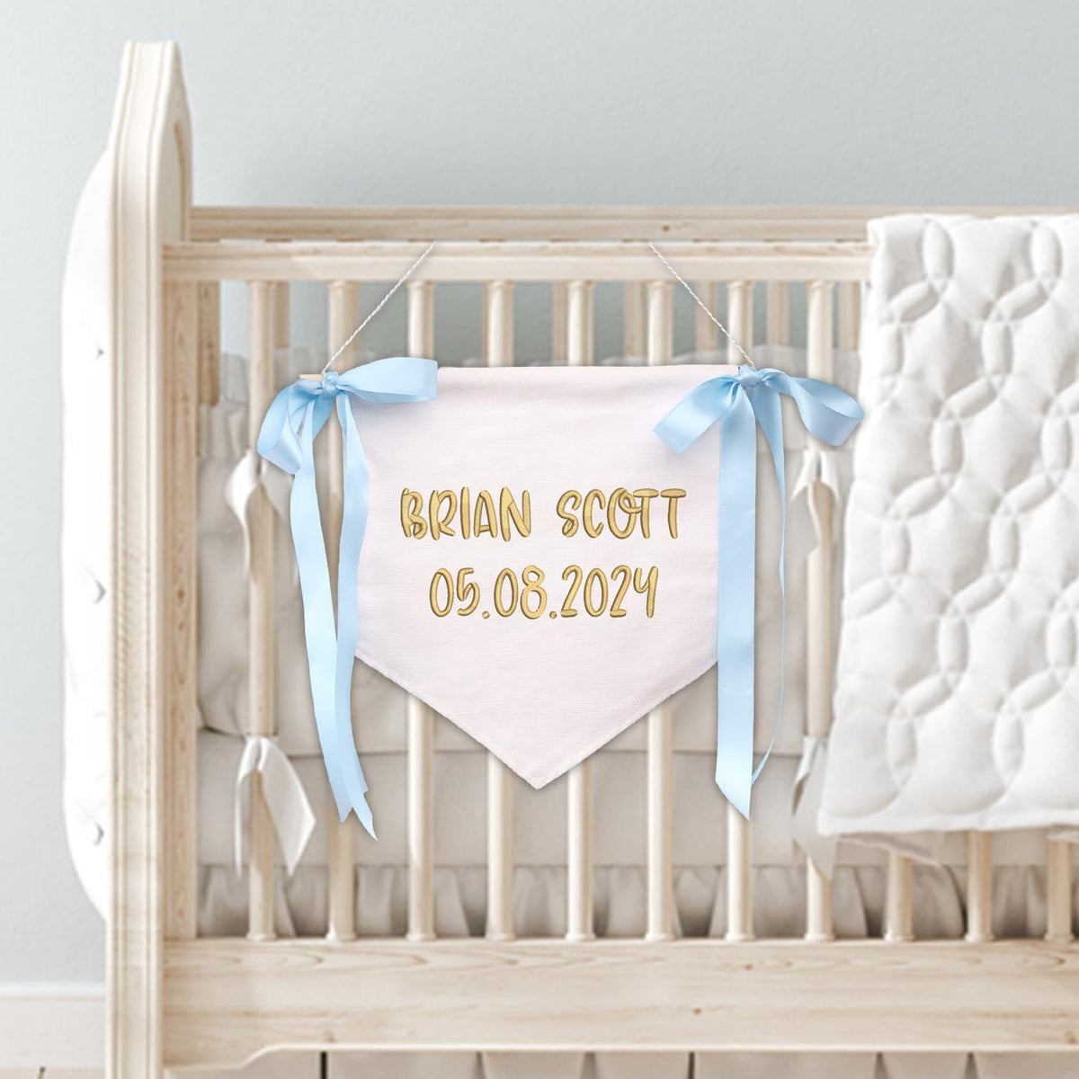 Personalized Embroidered Baby Banner Flag, Baby Announcement Sign, Baby Canvas Hanging Pennant Flag, Newborn Baby Banner with Bows Ribbon, Great gift for baby