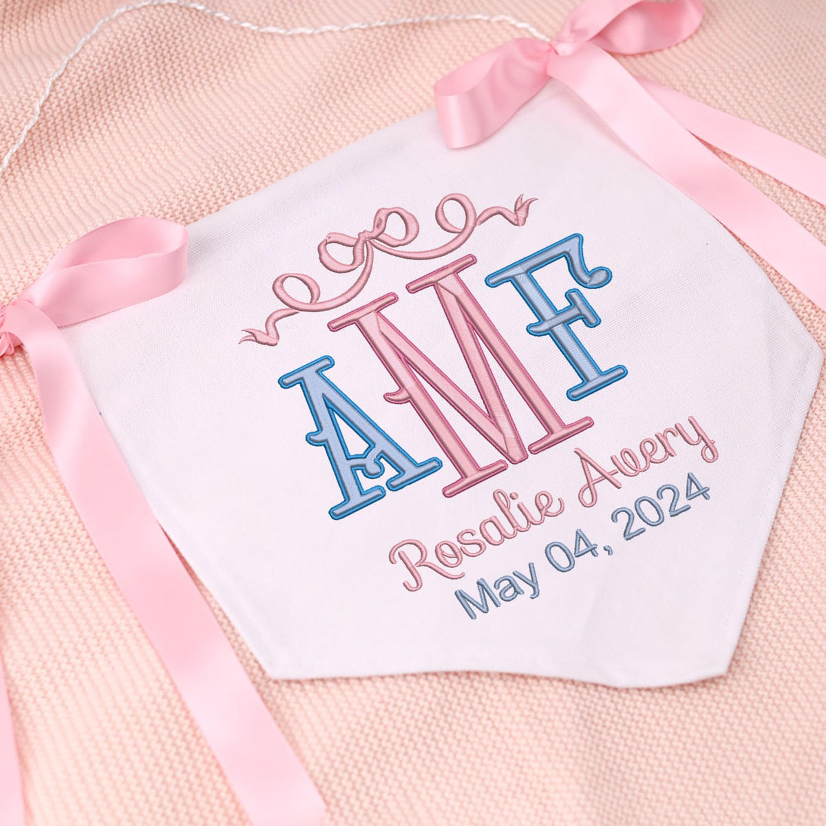 Personalized Embroidered Baby Banner Flag, Baby Announcement Sign, Baby Canvas Hanging Pennant Flag, Newborn Baby Banner with Bows Ribbon, Nursery Wall Crib Décor